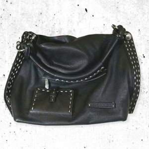 BCBG MAX AZRIA Italian Black Leather Signature Hobo Satchel Handbag Purse